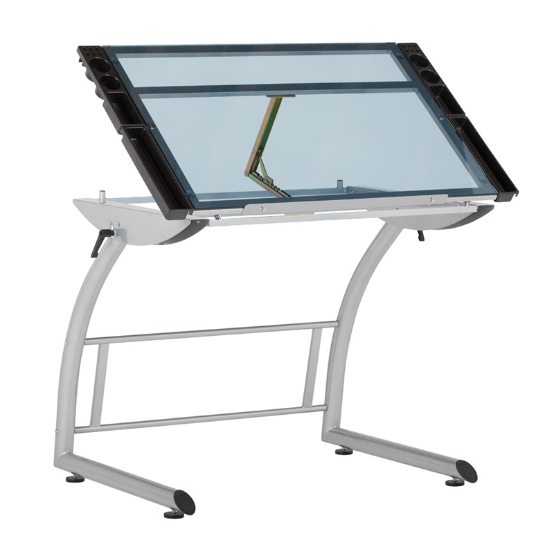 Triflex Height Adjustable Metal and Glass Drawing Table in Silver/Blue  Glass – Item # 10089 – Studio Designs