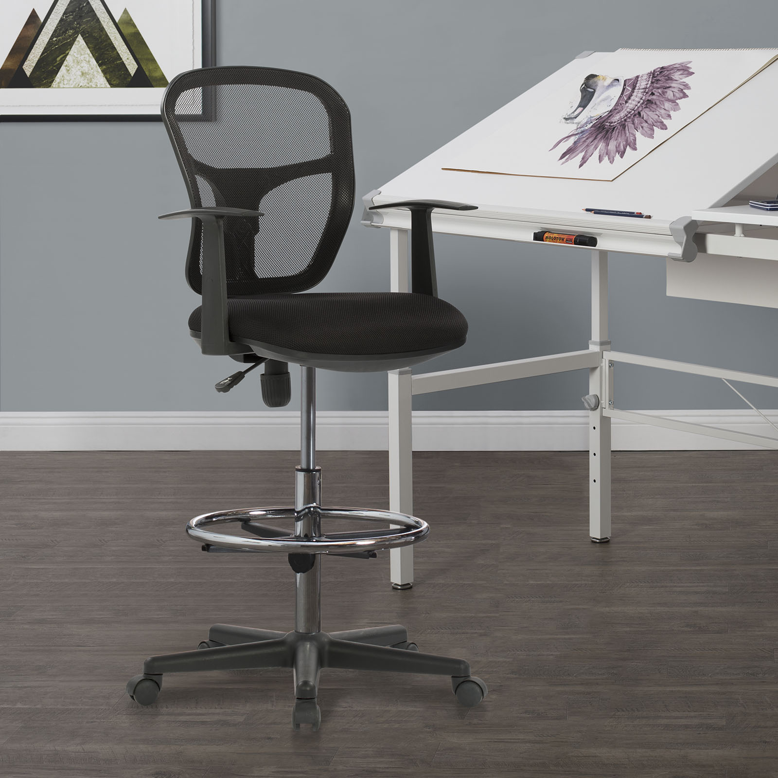 Riviera Height Adjustable Drafting Chair with Arms in Black – Item 
