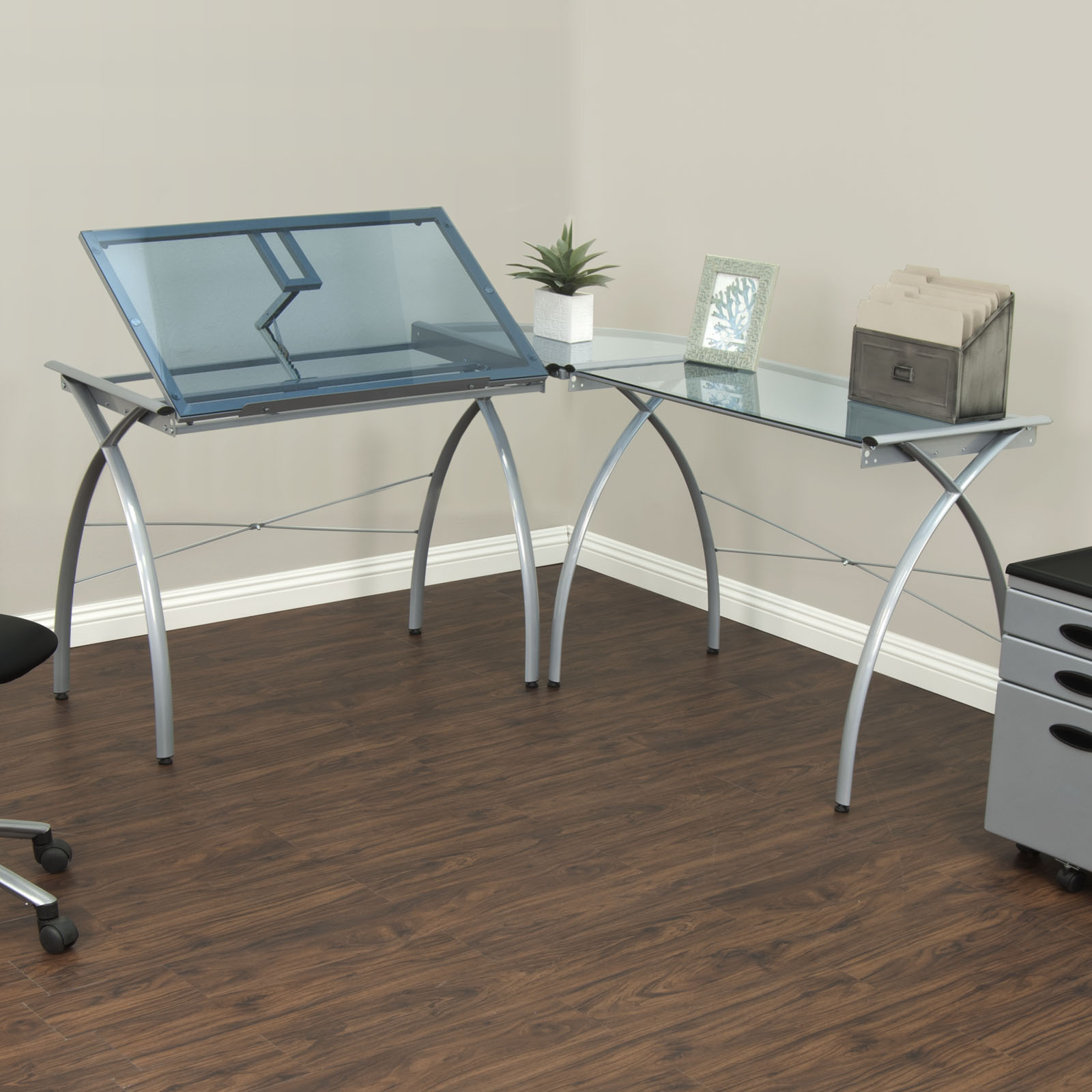 Futura L Shaped Workcenter With Tilting Top Drafting Desk In