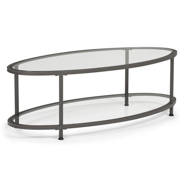 Camber Modern Oval Coffee Table (48\u2033 W) in Pewter\/Clear Glass \u2013 Item